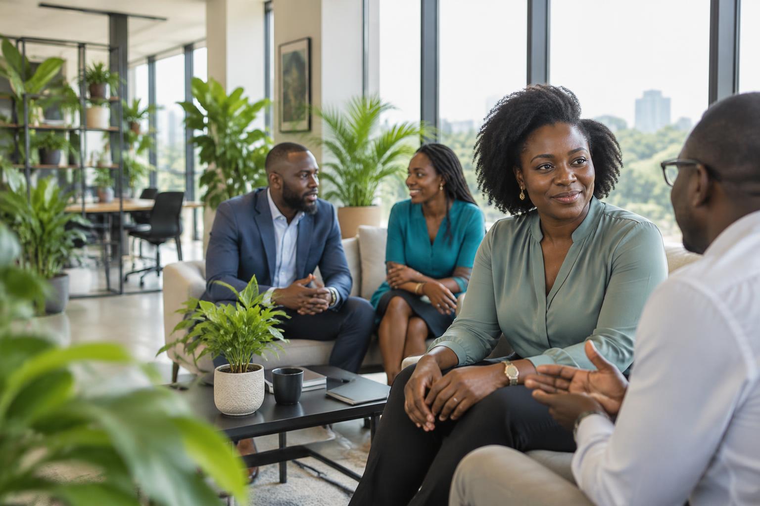 Ghanaian professionals in a supportive workplace conversation
